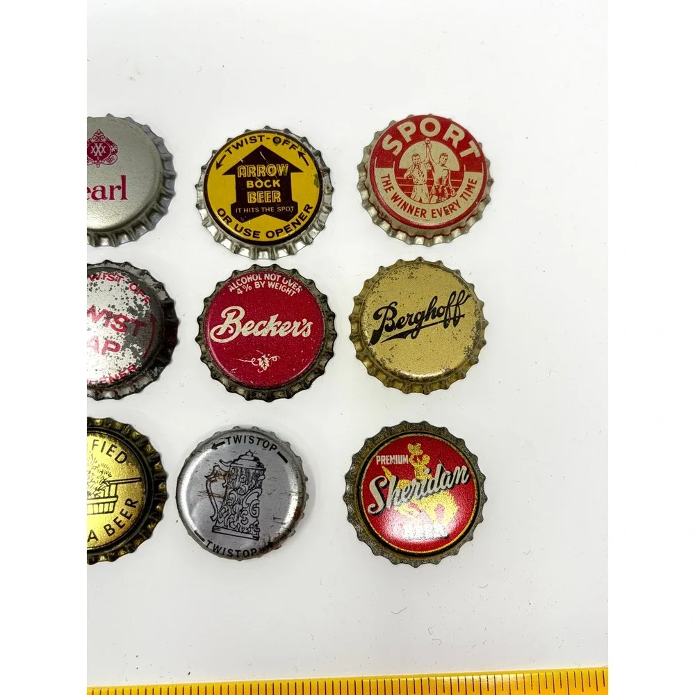 Lot of 12 Vintage Beer Bottle Caps Crowns Some Cork Lined Harlequin Arrow Bock